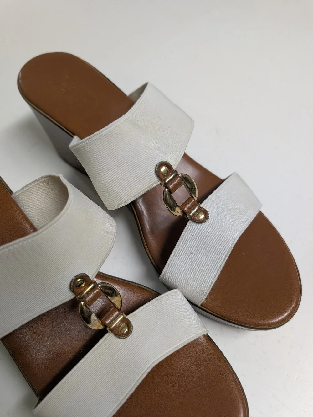 White Double-Strap Wedge Sandals with Gold Accent